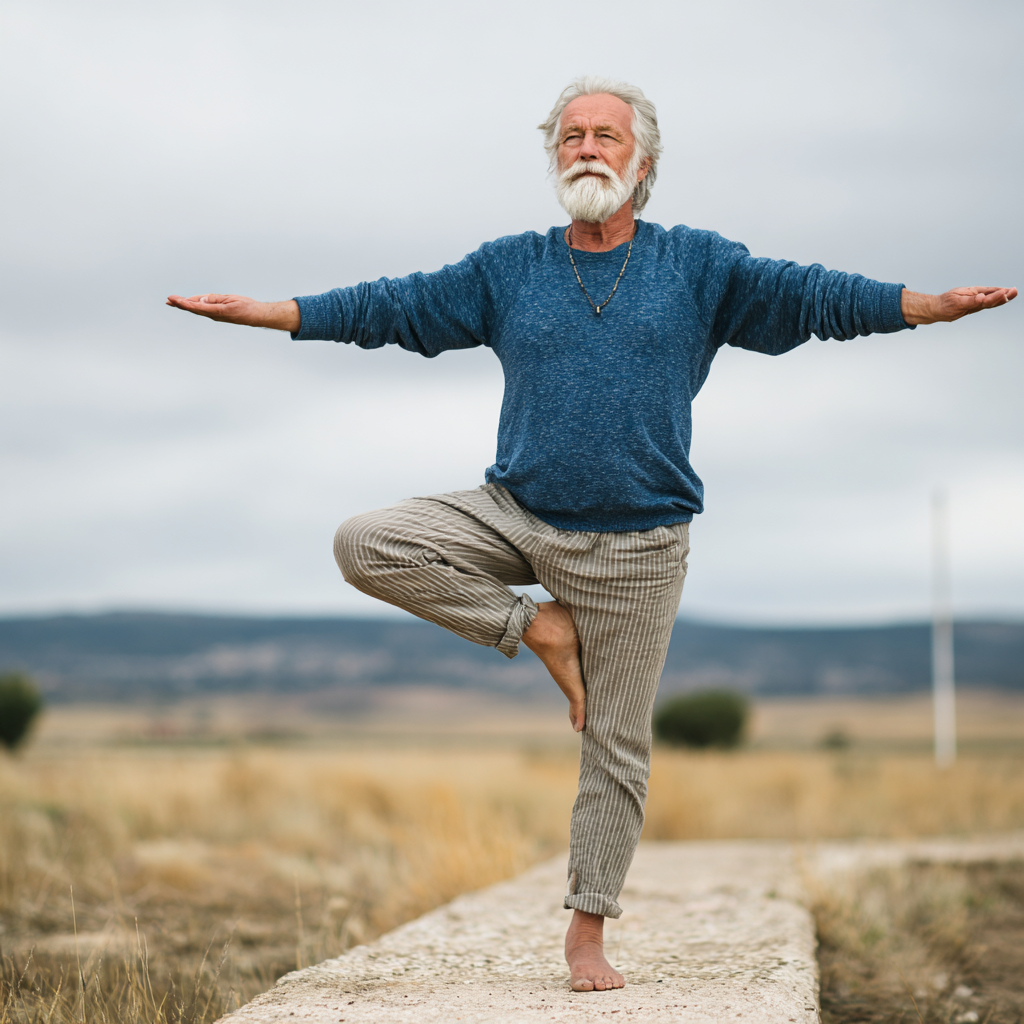 Smiling elderly European woman practicing gentle yoga poses in a serene indoor setting