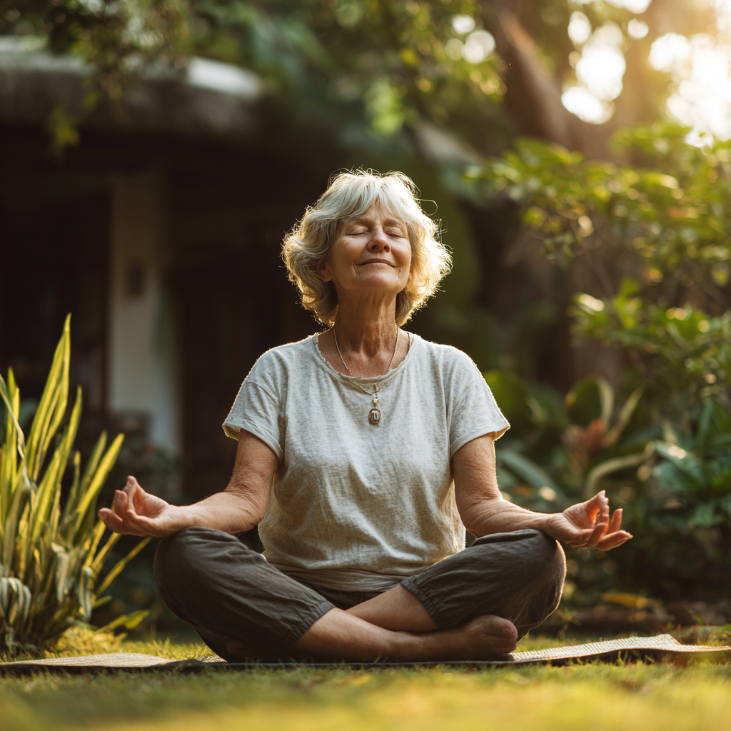 Elderly European couple practicing morning yoga outdoors in natural sunlight
