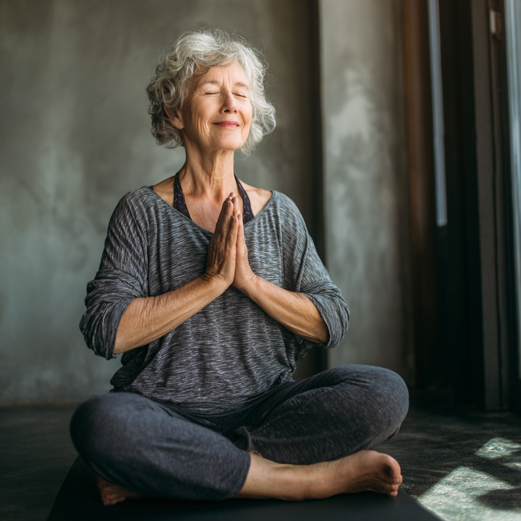 Elderly European woman in meditation pose with peaceful expression in a serene yoga studio